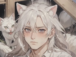 male gender,  man,  boy,  male,  1 man,  30 year old man,  shy,  muscle_less, weak,  fragile,  seductive facial expression,  suffering from pain,  tears,  crying,  saliva leaking,  swearing, pink blush on eyes and face,  full_body,  white hair,  long boy hair,  long hair man,  wet body,  white shirt half open, pants half open, white cat ears, 1guy, oil painting