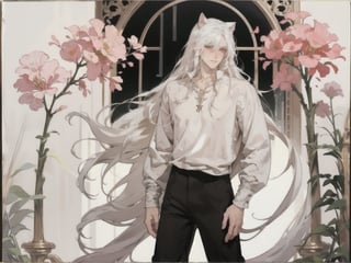 male gender,  man,  boy,  male,  1 man, 1guy, shy, pink blush on eyes and face,  full_body,  white hair,  long boy hair,  long hair man,  white shirt half open, black pants, can see legs, white cat ears, 1guy, oil painting