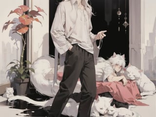 male gender,  man,  boy,  male,  1 man, 1guy, shy, pink blush on eyes and face,  full_body,  white hair,  long boy hair,  long hair man,  white shirt half open, black pants, can see legs, sitting down, white cat ears, 1guy, oil painting