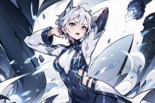 Lightning_Weaver, Short silver hair, hair decoration, glowing eyes, lightning background, Body 