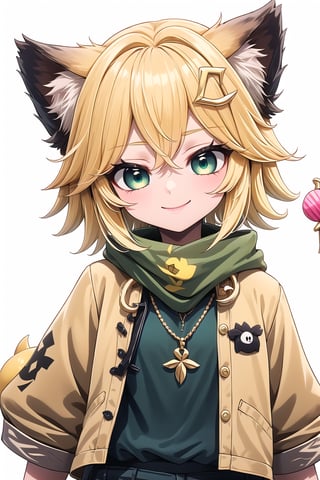 1 Girl, short blonde hair, brown animal ears, green eyes, hair clip, long yellow scarf, a piece of hair standing up, short black t-shirt, short dark green jacket, necklace, lollipop, shorts, Upper body, sweet smile, white background,