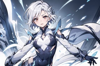 Lightning_Weaver, Short silver hair, hair decoration, glowing eyes, lightning background, Body 