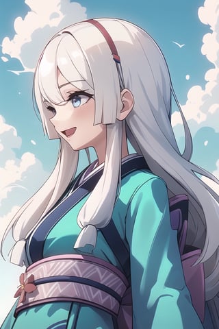 Kagura ml, 1 girl, white hair, hair decoration, long hair, long-sleeved kimono, Clouds, Red flowers, upper body,Midjourney_Style, :d,