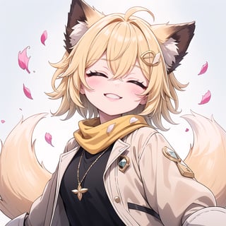 1 Girl, short blonde hair, brown animal ears, closed eyes, hair clip, long yellow scarf, a piece of hair standing up, short black t-shirt, short dark green jacket, necklace, lollipop, shorts, Upper body, sweet white background,joyml, "Elegant crystal, graceful curves,Filled with marbled orange and white liquid forming a fox shape. Cat has large eyes and long tail. Fluid feline silhouette with wavy, dynamic motion. Pastel flower petals floating around Soft pink gradient background. Anime-style thin linework and vibrant colors. Glossy textures. Hyper-detailed 8K resolution. Masterpiece, best quality, sharp focus,watce, Grinning, fangs, happy,