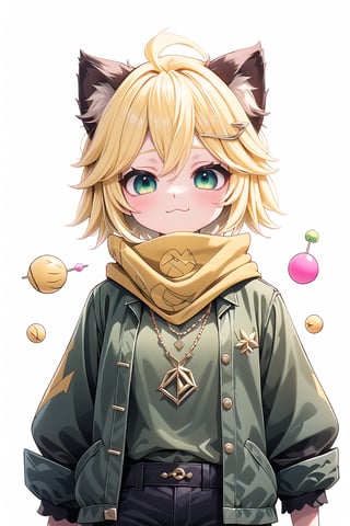 1 Girl, short blonde hair, brown animal ears, green eyes, hair clip, long yellow scarf, a piece of hair standing up, short black t-shirt, short dark green jacket, necklace, lollipop, shorts, Upper body, sweet :3, white background,joyml