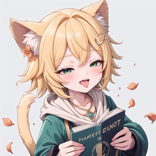 1 Girl, short blonde hair, brown animal ears, one closed  eyes, green eyes, hair clip, long yellow scarf, a piece of hair standing up, short black t-shirt, short dark green jacket, necklace, lollipop, shorts, Upper body, sweet white background,joyml, "Elegant crystal, graceful curves,Filled with marbled orange and white liquid forming shape. Cat has large and long tail. Fluid feline silhouette with wavy, dynamic motion. Pastel flower petals floating around Soft pink gradient background. Anime-style thin linework and vibrant colors. Glossy textures. Hyper-detailed 8K resolution. Masterpiece, best quality, sharp focus,watce, Tongue sticking out, happy, From above, holding a book,