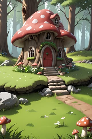 In the forest, grass, short hill, rock, 1 mushroom house,