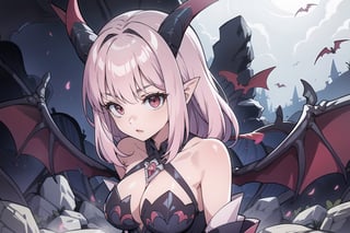 alice_qb, Pink hair long, horns, red eyes, wings, in a rock cave, bats, red light, upper body 