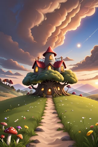 Little owl, on the apple tree, sunset, Sandy roads, rocks, hills, clouds, mushroom houses, lights, stars in the sky,