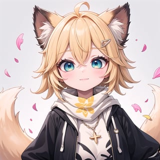 1 Girl, short blonde hair, brown animal ears, green eyes, hair clip, long yellow scarf, a piece of hair standing up, short black t-shirt, short dark green jacket, necklace, lollipop, shorts, Upper body, sweet white background,joyml, "Elegant crystal, graceful curves,Filled with marbled orange and white liquid forming a fox shape. Cat has large eyes and long tail. Fluid feline silhouette with wavy, dynamic motion. Pastel flower petals floating around Soft pink gradient background. Anime-style thin linework and vibrant colors. Glossy textures. Hyper-detailed 8K resolution. Masterpiece, best quality, sharp focus,watce, Happy, :c,