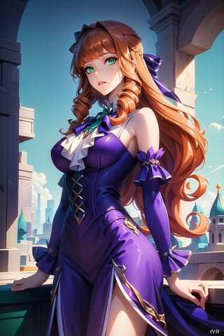 ((masterpiece, best quality)), absurdres, Detailed image, stop,1girl, masterpiece, best quality, best quality, beautiful and aesthetic),Guinevere_ML, solo, long purple dress, looking at viewer, cowboy shot, cinematic composition Long orange hair curled with a blue ribbon behind her head, green eyes, 