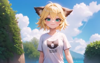 joyml, 1 girl, Outdoors, rocks, clouds, rainbows , medium blonde hair, brown animal ears, hair clips, short white t-shirt, green eyes,  detailed image, hd, smooth, ultra, Upper body, a strand of hair standing up,
Smile,