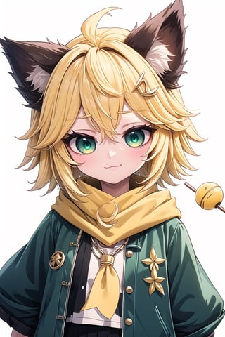 1 Girl, short blonde hair, brown animal ears, green eyes, hair clip, long yellow scarf, a piece of hair standing up, short black t-shirt, short dark green jacket, necklace, lollipop, shorts, Upper body, sweet :3, white background,joyml