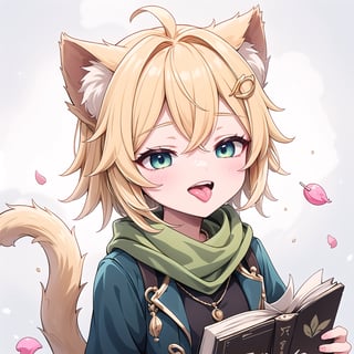 1 Girl, short blonde hair, brown animal ears, one closed  eyes, green eyes, hair clip, long yellow scarf, a piece of hair standing up, short black t-shirt, short dark green jacket, necklace, lollipop, shorts, Upper body, sweet white background,joyml, "Elegant crystal, graceful curves,Filled with marbled orange and white liquid forming shape.  long tail. Fluid feline silhouette with wavy, dynamic motion. Pastel flower petals floating around Soft pink gradient background. Anime-style thin linework and vibrant colors. Glossy textures. Hyper-detailed 8K resolution. Masterpiece, best quality, sharp focus,watce, Tongue sticking out, happy, From above, holding a book,