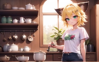 joyml, Inside the house there are messy things in the kitchen, small cupboard, flower pot window, 1 girl, short blonde hair, long brown animal ears, hair clips, short white t-shirt, green eyes, shorts, radio, detailed image, hd, smooth, ultra, 