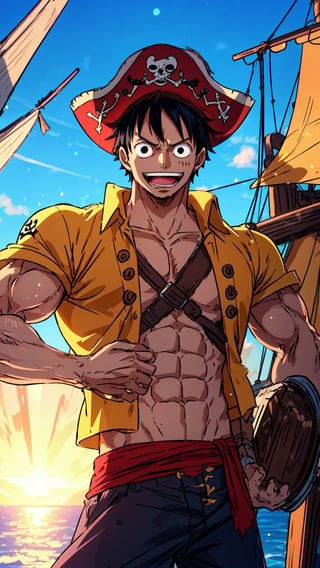 {(Luffy)}, 1boy, adult boy, {(anime, 8k, masterpiece, best quality, best quality, beautiful and aesthetic, professional illustrations, ultra details, perfect lighting, perfect shadows, perfect sharpness, HDR)}, {( Black hair, boy hair, wearing a pirate hat, beautiful hair, detailed hair, shining hair)}, {(black eyes, very detailed eyes, beautiful eyes, shining eyes)}, {(detailed face, detailed nose, detailed mouth, handsome face)}, {(male body and regular muscles, perfect body, muscular arms, perfect hands, muscular legs, detailed body, lean muscular body)}, {(wearing pirate clothes, very detailed clothes, pirate pants, shirt beautiful ) }, {(standing, Joyful expression)}, {(bright view on a ship, golden treasure, very detailed view, very beautiful view, on a large wooden pirate ship, high quality view)}, {(day summer, bright, highly detailed sky, high quality sky, beautiful sky, perfect sky)}, {(\(one piece\))},