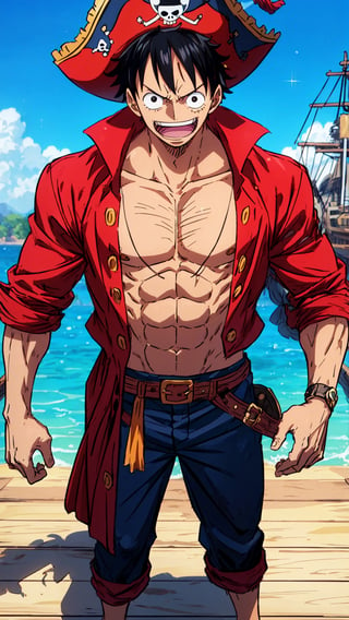 {(Luffy)}, 1boy, adult boy, {(anime, 8k, masterpiece, best quality, best quality, beautiful and aesthetic, professional illustrations, ultra details, perfect lighting, perfect shadows, perfect sharpness, HDR)}, {( Black hair, boy hair, wearing a pirate hat, beautiful hair, detailed hair, shining hair)}, {(black eyes, very detailed eyes, beautiful eyes, shining eyes)}, {(detailed face, detailed nose, detailed mouth, handsome face)}, {(male body and regular muscles, perfect body, muscular arms, perfect hands, muscular legs, detailed body, boxy muscular body)}, {(wearing pirate clothes, very detailed clothes, pirate pants, shirt beautiful ) }, {(standing, Joyful expression)}, {(bright view on a ship, golden treasure, very detailed view, very beautiful view, on a large wooden pirate ship, high quality view)}, {(day summer, bright, highly detailed sky, high quality sky, beautiful sky, perfect sky)}, {(luffy\(one piece\))},One piece style