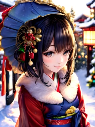 Warm lighting, beautiful Japanese girl, detailed face, shy smile, dark eyes, short bobbed hair, gorgeous hair ornament, details (dark blue silk brocade kimono), Kyoto, outdoors, winter, snow, full-length portrait, realistic ,Japanese girl, Santa Claus, Christmas, young girl, background slightly blurred,