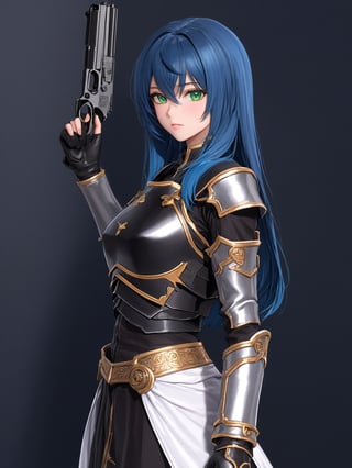 //Character, solo,MariaTraitor_SO3, 1girl, green eyes, long hair, blue hair, 
//Fashion, armor, fingerless gloves, pantyhose,
//Background, simple background, 
//Quality, (masterpiece), best quality, ultra-high resolution, ultra-high definition, highres, intricate, intricate details, absurdres, highly detailed, finely detailed, ultra-detailed, ultra-high texture quality, natural lighting, natural shadow, dramatic shading, dramatic lighting, vivid colour, perfect anatomy, 
//Others, gun