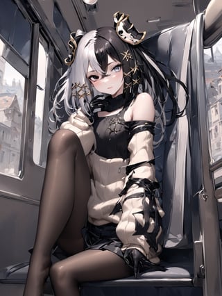 //Quality,
masterpiece, best quality, detailed
,//Character,
,Antilene_Heran_Fouche \(overlord\), 1girl, solo, black eyes, grey eyes, heterochromia, two-tone hair,  hair between eyes, bangs
,//Fashion,
hair ornament, long sleeves, bare shoulder, gloves, sweater, skirt, pantyhose
,//Background,
View the scenery from the carriage window
,//Others,
sitting