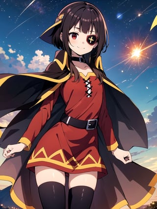 //Quality,
(masterpiece), (best quality), 8k illustration
,//Character,
1girl, solo, smile
,//Fashion,
,//Background,
night sky, meteor,  
,//Others,
make a wish,Megu-KJ , megu dress , megu cape , asymmetrical legwear, right thighhighs, eyepatch,Megu-KJ