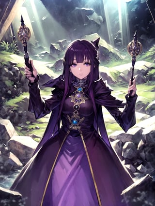 (masterpiece, top quality, best quality, official art, beautiful and aesthetic:1.2), 1girl, standing, hands up, close-up, magic, light rays, girl, snowy mountain, magician's wand, magician, spell magic, style-swirlmagic:0.8, (using dark magic:1.4),fern, purple_hair, purple_eyes