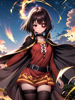 //Quality,
(masterpiece), (best quality), 8k illustration
,//Character,
1girl, solo, smile
,//Fashion,
,//Background,
night sky, meteor,  
,//Others,
make a wish,Megu-KJ , megu dress , megu cape , asymmetrical legwear, right thighhighs, eyepatch,Megu-KJ,liangxing