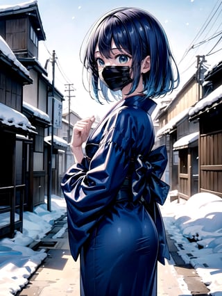 //Quality,
(masterpiece), (best quality), 8k illustration,
,//Character,
1girl, solo, 
,//Fashion,
details (dark blue silk brocade kimono)
,//Background,
Kyoto, outdoors, winter, snow
,//Others,
virus, mask, goodbye,hmakane, blue hair, short hair