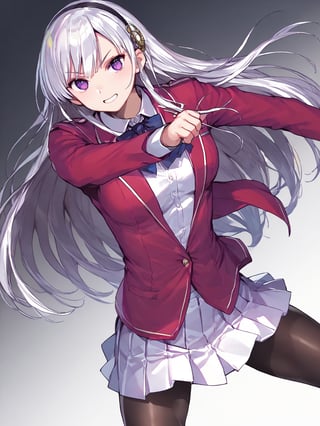 score_9,score_8_up,score_7_up,score_6_up, masterpiece, best quality, 8k, 8k UHD, ultra-high resolution, ultra-high definition, highres
,//Character, 
1girl, solo, long hair, white hair, purple eyes
,//Fashion, 
school uniform, red jacket, pantyhose, pleated skirt, hairband
,//Background, white_background
,//Others, ,Expressiveh,
fighting stance, dynamic pose