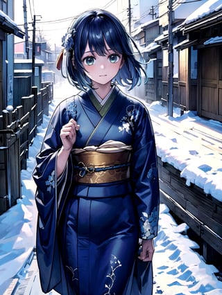 //Quality,
(masterpiece), (best quality), 8k illustration,
,//Character,
1girl, solo, 
,//Fashion,
details (dark blue silk brocade kimono)
,//Background,
Kyoto, outdoors, winter, snow
,//Others,
goodbye,hmakane, blue hair, short hair