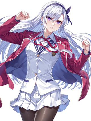 score_9,score_8_up,score_7_up,score_6_up, masterpiece, best quality, 8k, 8k UHD, ultra-high resolution, ultra-high definition, highres
,//Character, 
1girl, solo, long hair, white hair, purple eyes
,//Fashion, 
school uniform, red jacket, pantyhose, pleated skirt, hairband
,//Background, white_background
,//Others, ,Expressiveh,
fighting stance, dynamic pose