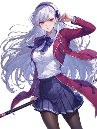 score_9,score_8_up,score_7_up,score_6_up, masterpiece, best quality, 8k, 8k UHD, ultra-high resolution, ultra-high definition, highres
,//Character, 
1girl, solo, long hair, white hair, purple eyes
,//Fashion, 
school uniform, red jacket, pantyhose, pleated skirt, hairband
,//Background, white_background
,//Others, ,Expressiveh,
fighting stance, dynamic pose