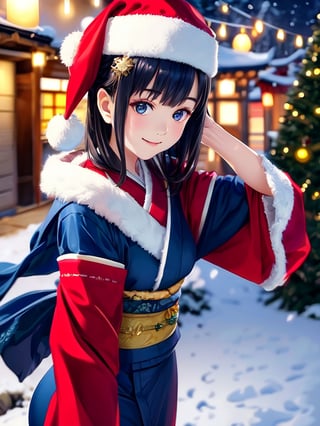 Warm lighting, beautiful Japanese girl, detailed face, shy smile, dark eyes, short bobbed hair, gorgeous hair ornament, details (dark blue silk brocade kimono), Kyoto, outdoors, winter, snow, full-length portrait, realistic ,Japanese girl, Santa Claus, Christmas, young girl, background slightly blurred,