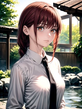 //Quality,
(masterpiece), (best quality), 8k illustration
,//Character,
1girl, solo
,//Fashion,
,//Background,
onsen
,//Others,
,makima (chainsaw man), red hair, long braided hair, golden eyes, bangs, medium breasts, white shirt, necktie, stare