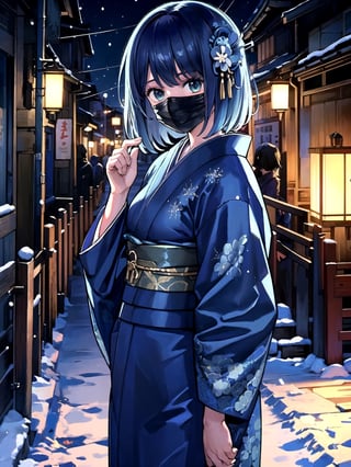 //Quality,
(masterpiece), (best quality), 8k illustration,
,//Character,
1girl, solo, 
,//Fashion,
details (dark blue silk brocade kimono)
,//Background,
Kyoto, outdoors, winter, snow
,//Others,
virus, mask, goodbye,hmakane, blue hair, short hair