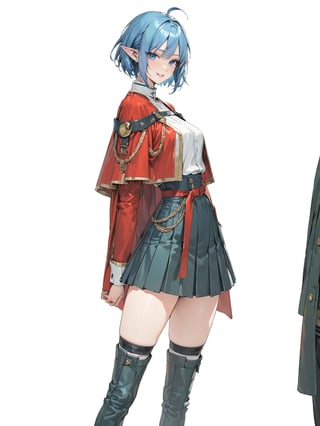 //Quality, masterpiece, best quality, detailmaster2, 8k, 8k UHD, ultra detailed, ultra-high resolution, ultra-high definition, highres, 
//Character, 1girl, solo, blue eyes, short hair, blue hair, pointy ears, ahoge,
//Fashion, red cape, skirt, thighhighs, crescent hair ornament,
//Background, white background, 
//Others, looking at viewer, smile, from_side