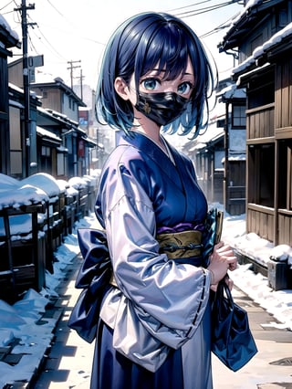 //Quality,
(masterpiece), (best quality), 8k illustration,
,//Character,
1girl, solo, 
,//Fashion,
details (dark blue silk brocade kimono)
,//Background,
Kyoto, outdoors, winter, snow
,//Others,
virus, mask, goodbye,hmakane, blue hair, short hair