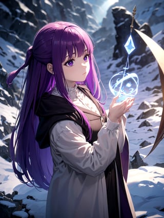 (masterpiece, top quality, best quality, official art, beautiful and aesthetic:1.2), 1girl, standing, hands up, close-up, magic, light rays, girl, snowy mountain, magician's wand, magician, spell magic, style-swirlmagic:0.8, (using dark magic:1.4),fern, purple_hair, purple_eyes