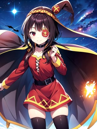 //Quality,
(masterpiece), (best quality), 8k illustration
,//Character,
1girl, solo, smile
,//Fashion,
,//Background,
night sky, meteor,  
,//Others,
make a wish,Megu-KJ , megu dress , megu cape , asymmetrical legwear, right thighhighs, eyepatch,Megu-KJ