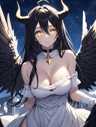 //Quality,
masterpiece, best quality, detailed
,//Character,
1girl, solo
,//Fashion,
,//Background,
star_(sky)
,//Others,
,albedo \(overlord\), 1girl, long hair, black hair, hair between eyes, yellow eyes, horns, ahoge, white gloves, white dress, bare shoulders, detached collar, cleavage, slit pupils, black wings, feathered wings, low wings