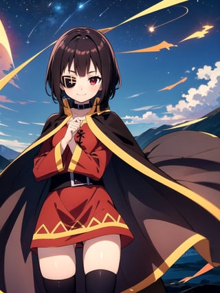 //Quality,
(masterpiece), (best quality), 8k illustration
,//Character,
1girl, solo, smile
,//Fashion,
,//Background,
night sky, meteor,  
,//Others,
make a wish,Megu-KJ , megu dress , megu cape , asymmetrical legwear, right thighhighs, eyepatch,Megu-KJ