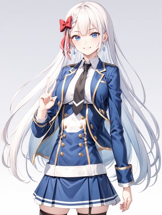 score_9,score_8_up,score_7_up,score_6_up, masterpiece, best quality
,//Character, 
1girl, solo,RiseliaRayCrystalia, very long hair, white hair, braid, blue eyes, medium breasts
,//Fashion, 
earrings, red hair bow, long sleeves, white shirt, collared shirt, black necktie, blue jacket, blue skirt, pleated skirt, black thighhighs, belt
,//Background, white_background
,//Others,
(making a V sign), smile,Expressiveh