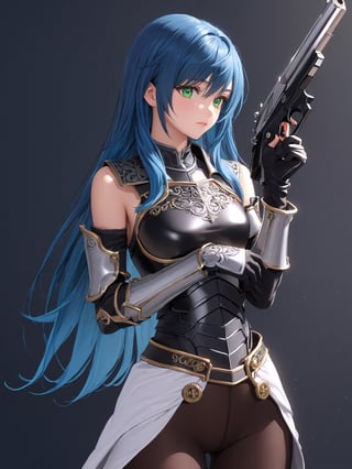 //Character, solo,MariaTraitor_SO3, 1girl, green eyes, long hair, blue hair, 
//Fashion, armor, fingerless gloves, pantyhose,
//Background, simple background, 
//Quality, (masterpiece), best quality, ultra-high resolution, ultra-high definition, highres, intricate, intricate details, absurdres, highly detailed, finely detailed, ultra-detailed, ultra-high texture quality, natural lighting, natural shadow, dramatic shading, dramatic lighting, vivid colour, perfect anatomy, 
//Others, gun