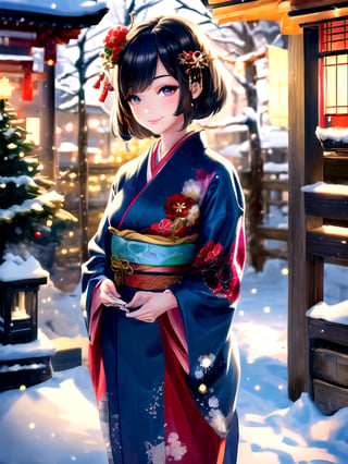 Warm lighting, beautiful Japanese girl, detailed face, shy smile, dark eyes, short bobbed hair, gorgeous hair ornament, details (dark blue silk brocade kimono), Kyoto, outdoors, winter, snow, full-length portrait, realistic ,Japanese girl, Santa Claus, Christmas, young girl, background slightly blurred,