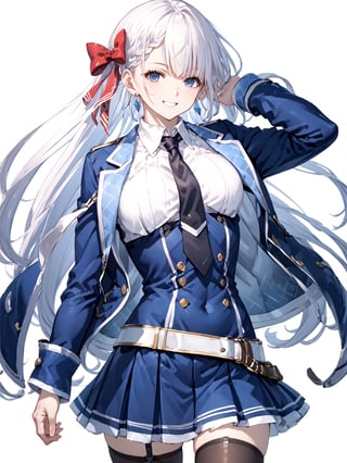 score_9,score_8_up,score_7_up,score_6_up, masterpiece, best quality
,//Character, 
1girl, solo,RiseliaRayCrystalia, very long hair, white hair, braid, blue eyes, medium breasts
,//Fashion, 
earrings, red hair bow, long sleeves, white shirt, collared shirt, black necktie, blue jacket, blue skirt, pleated skirt, black thighhighs, belt
,//Background, white_background
,//Others,
(making a V sign), smile,Expressiveh