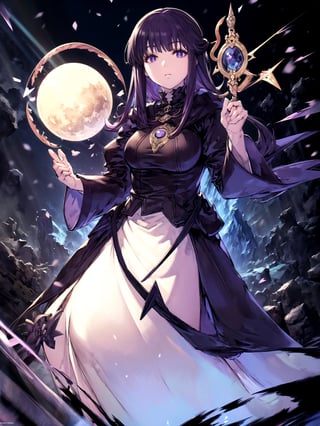 (masterpiece, top quality, best quality, official art, beautiful and aesthetic:1.2), 1girl, standing, hands up, close-up, magic, light rays, girl, snowy mountain, magician's wand, magician, spell magic, style-swirlmagic:0.8, (using dark magic:1.4),fern, purple_hair, purple_eyes