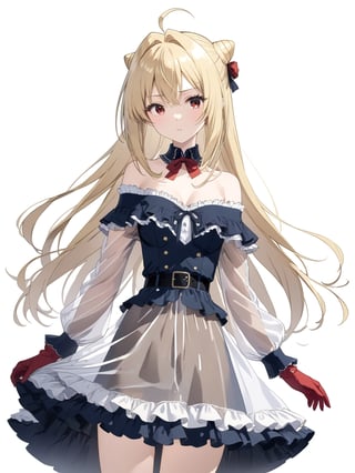 //Quality, masterpiece, best quality, detailmaster2, 8k, 8k UHD, ultra detailed, ultra-high resolution, ultra-high definition, highres, 
//Character, 1girl, solo,Terakomari, long hair, blonde hair, red eyes, ahoge, 
//Fashion, frills, off shoulder, hair bun, dress, see-through, off-shoulder dress,
//Background, white background, 
//Others, 