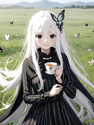 //Quality,
masterpiece, best quality, detailed
,//Character,
solo,echidna_rezero, 1girl, very long hair, white hair, black eyes, colored eyelashes
,//Fashion,
long sleeves, striped, black dress, long dress, butterfly hair ornament, black capelet
,//Background,
grassland, tea time
,//Others,
smile