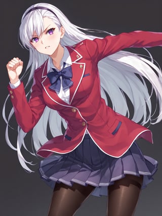 score_9,score_8_up,score_7_up,score_6_up, masterpiece, best quality, 8k, 8k UHD, ultra-high resolution, ultra-high definition, highres
,//Character, 
1girl, solo, long hair, white hair, purple eyes
,//Fashion, 
school uniform, red jacket, pantyhose, pleated skirt, hairband
,//Background, white_background
,//Others, ,Expressiveh,
fighting stance, dynamic pose