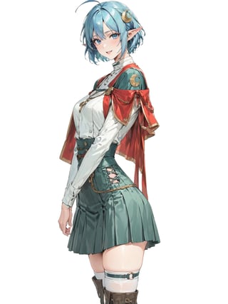 //Quality, masterpiece, best quality, detailmaster2, 8k, 8k UHD, ultra detailed, ultra-high resolution, ultra-high definition, highres, 
//Character, 1girl, solo, blue eyes, short hair, blue hair, pointy ears, ahoge,
//Fashion, red cape, skirt, thighhighs, crescent hair ornament,
//Background, white background, 
//Others, looking at viewer, smile, from_side